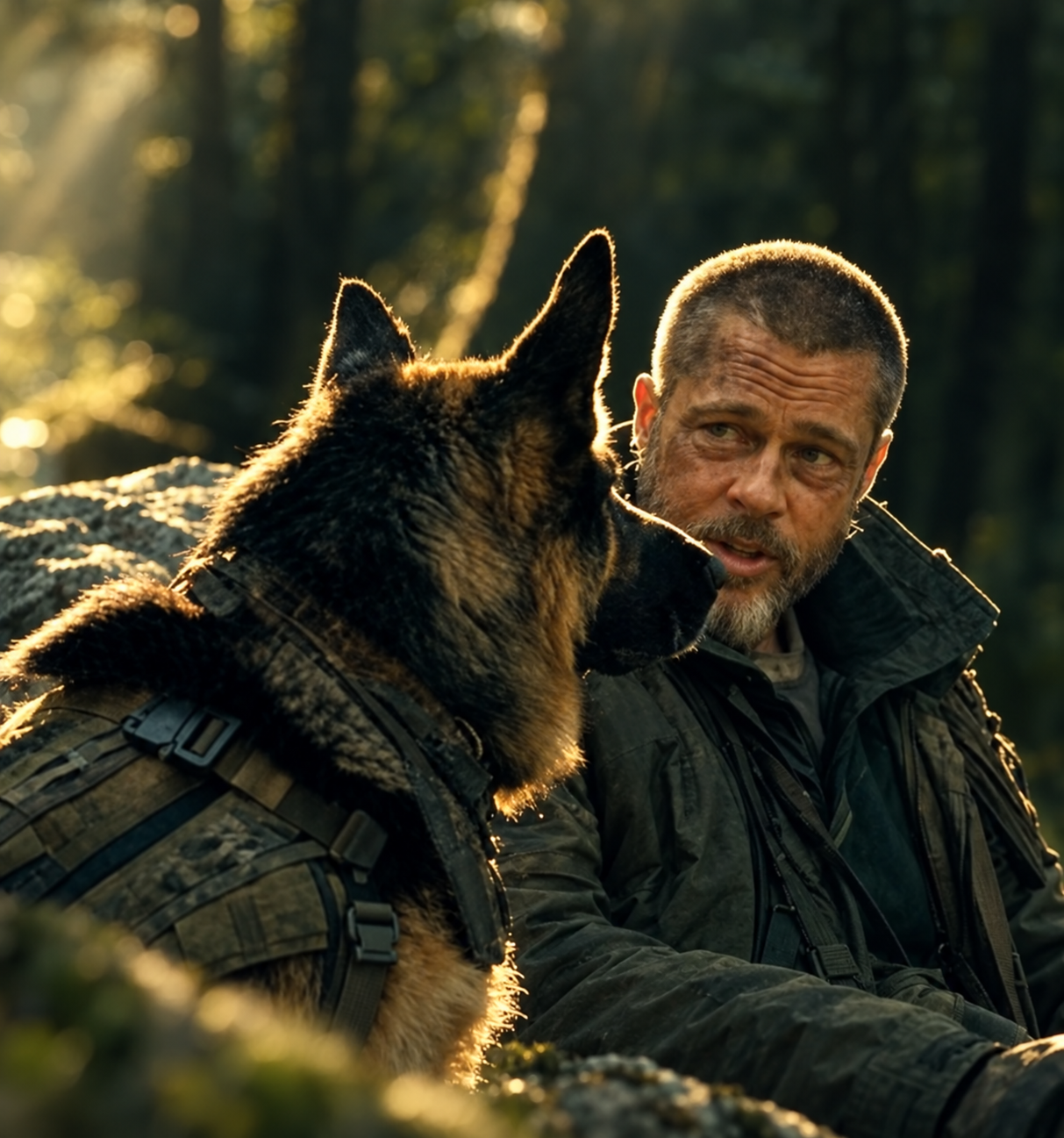 Cena de Coração Selvagem, com Brad Pitt e o cão Odin