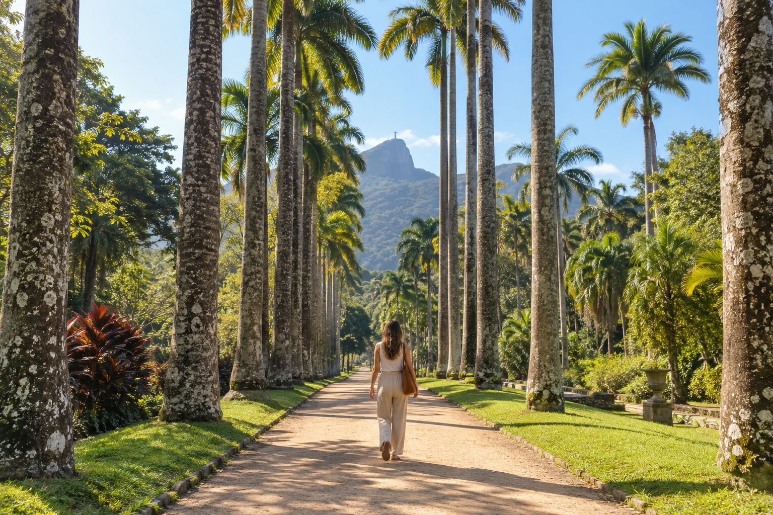 Mulher caminhando de costas no Jardim Botânico do Rio de Janeiro