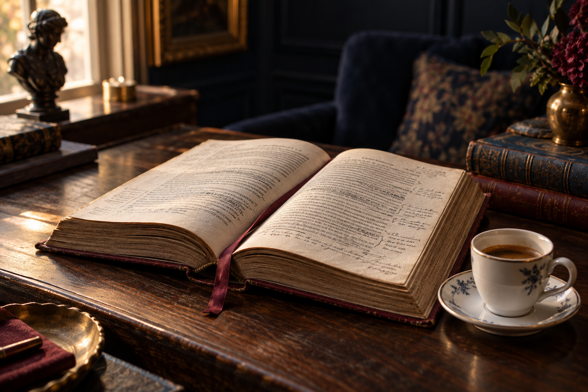 Livro aberto e café